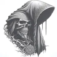 hooded reaper silohuette, smoke, fire, scary, bat wings, Viking runes, kenaz rune tattoo design idea