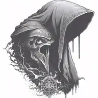 hooded reaper silohuette, smoke, fire, scary, bat wings, Viking runes, kenaz rune tattoo design idea