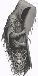 hooded reaper silohuette, smoke, fire, scary, bat wings, Viking runes, kenaz rune tattoo design idea