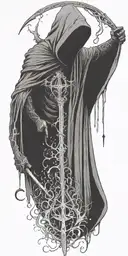 hooded reaper silohuette, smoke, fire, scary, bat wings, Viking runes, kenaz rune tattoo design idea