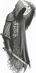 hooded reaper silohuette, smoke, fire, scary, bat wings, Viking runes, kenaz rune tattoo design idea