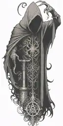 hooded reaper silohuette, smoke, fire, scary, bat wings, Viking runes, kenaz rune tattoo design idea