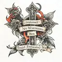 words "No weapon formed against me shall prosper" with a cross in the background  tattoo design idea