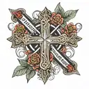 words "No weapon formed against me shall prosper" with a cross in the background  tattoo design idea