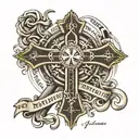 words "No weapon formed against me shall prosper" with a cross in the background  tattoo design idea