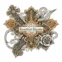 words "No weapon formed against me shall prosper" with a cross in the background  tattoo design idea