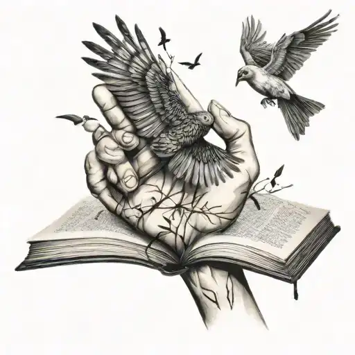 A detailed hand with a book open in the palm and birds flying out of it tattoo design idea