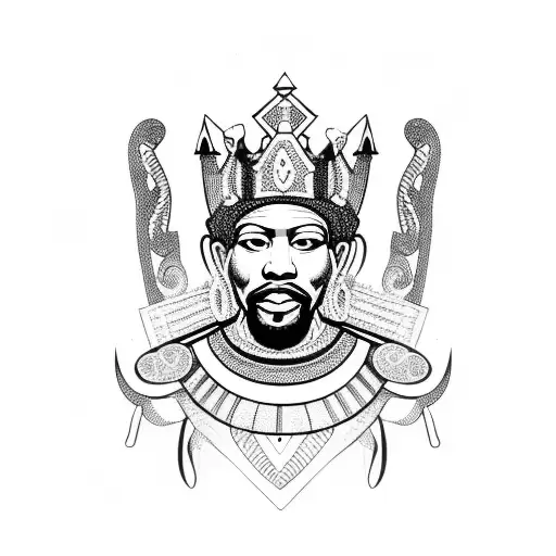 African king sitting on a throne with traditional African masks on the armrests tattoo design idea