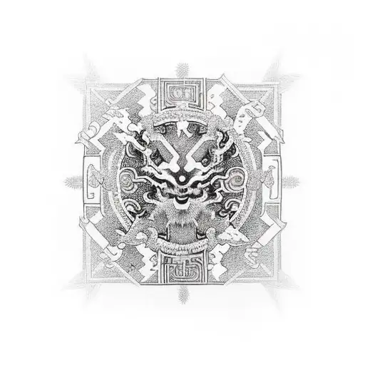 An intricate circuit board design incorporating elements of black metal imagery tattoo design idea