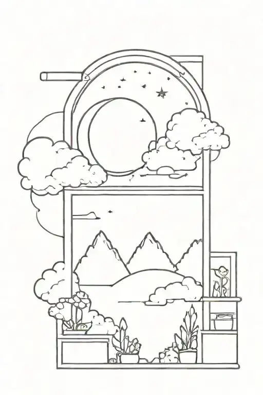 Window with landscape, crescent moon and fluffy clouds  inside tattoo design idea