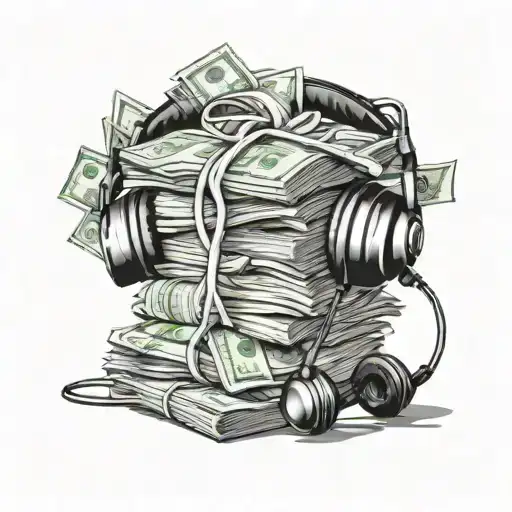 A stack of money with call center headphones wrapped around it, showing the connection between financial success and career tattoo design idea