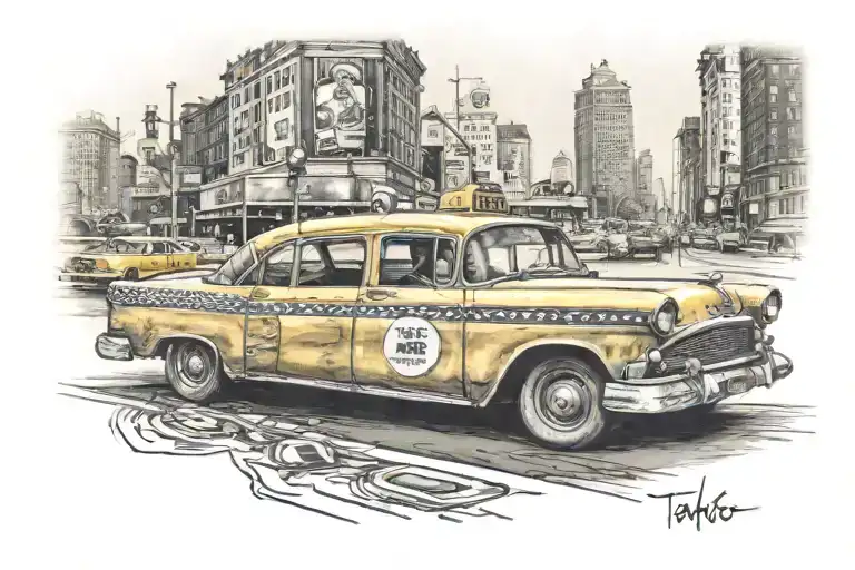 taxi cab driving towards tattoo design idea