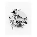 A black-grey tattoo of a Japanese crane playing a musical instrument amidst a garden of plants tattoo design idea