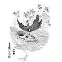 A black-grey tattoo of a Japanese crane playing a musical instrument amidst a garden of plants tattoo design idea