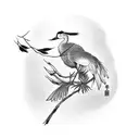 A black-grey tattoo of a Japanese crane playing a musical instrument amidst a garden of plants tattoo design idea