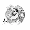 A black-grey tattoo of a Japanese crane playing a musical instrument amidst a garden of plants tattoo design idea