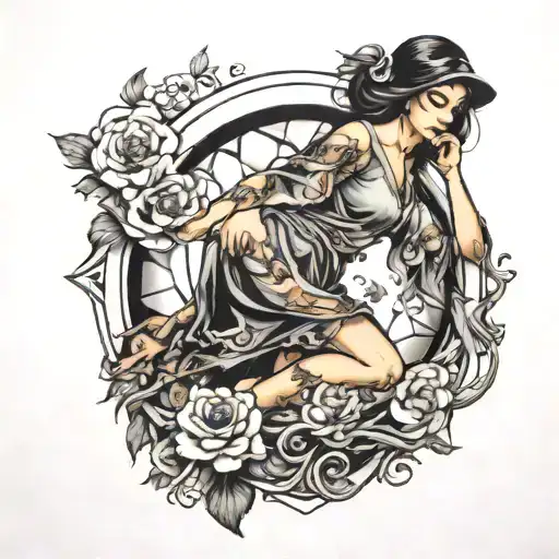 girl stepping in to a canvas portal tattoo design idea