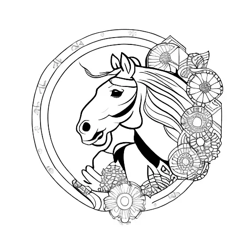 A minimalist tattoo of a horse and a carousel intertwined, with Ohio state flowers as the background tattoo design idea