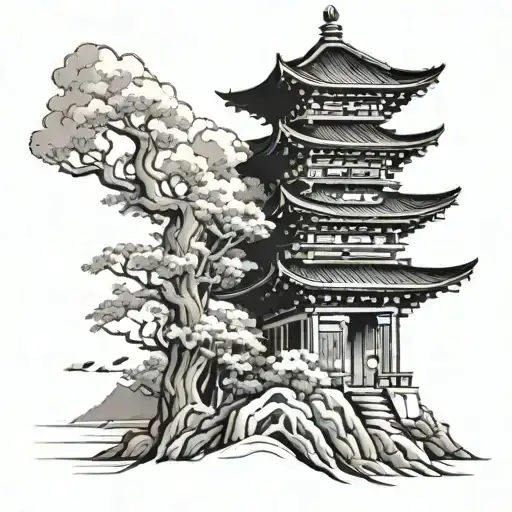Tattoo Design Brief: Full Sleeve in Black Ink  Theme: Traditional Japanese Elements to Include: Pagoda: A Japanese templ tattoo design idea