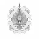 A minimalist tattoo of a motorcycle with the Eiffel Tower in the background. tattoo design idea