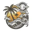palm tree waves sun tattoo design idea