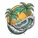 palm tree waves sun tattoo design idea