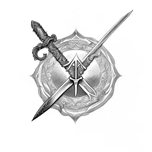 Sword with rose cross in the middle and thorns descending the blade tattoo design idea