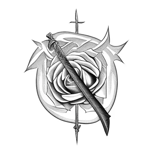 Sword with rose cross in the middle and thorns descending the blade tattoo design idea