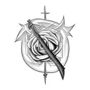 Sword with rose cross in the middle and thorns descending the blade tattoo design idea
