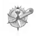 Sword with rose cross in the middle and thorns descending the blade tattoo design idea
