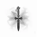 Sword with rose cross in the middle and thorns descending the blade tattoo design idea