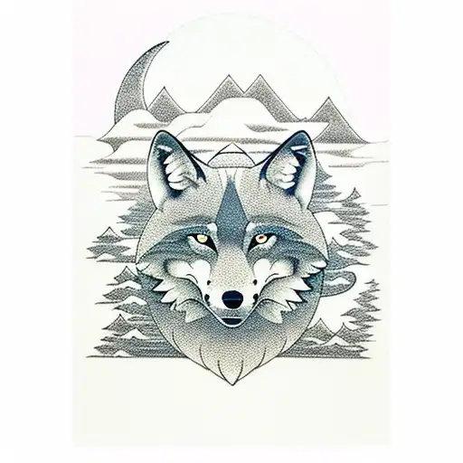 wolf in foreground, fox in background with rope, wooded montain background, crescent moon shape tattoo design idea