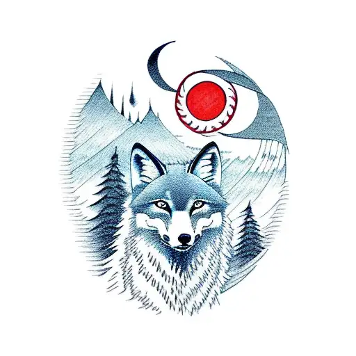wolf in foreground, fox in background with rope, wooded montain background, crescent moon shape tattoo design idea