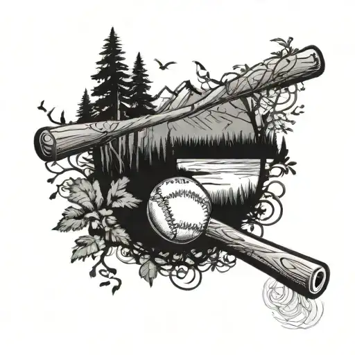 A detailed blackwork tattoo of a baseball bat and ball surrounded by nature elements like trees and mountains, symbolizing the client's love for baseball and the outdoors tattoo design idea