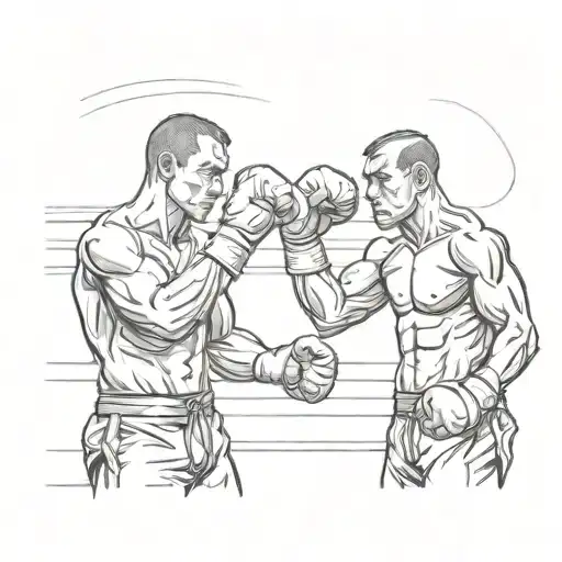 create a tattoo idea or a design of two Thai boxers stand facing each other, their stances strong and poised for action. tattoo design idea