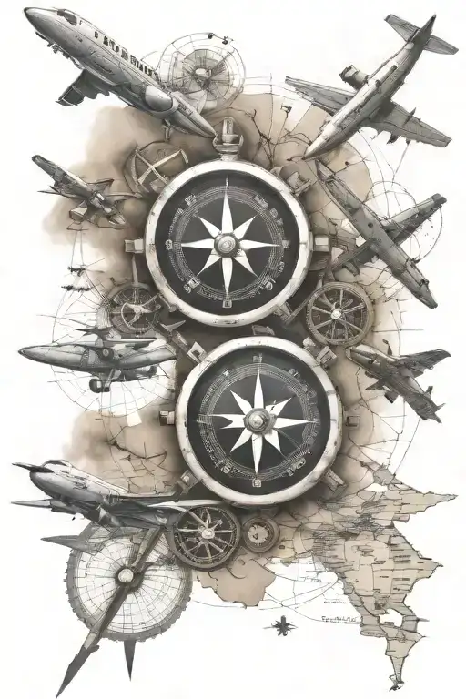 aviation themed tattoo featuring compass, turbine and VFR sectional map tattoo design idea