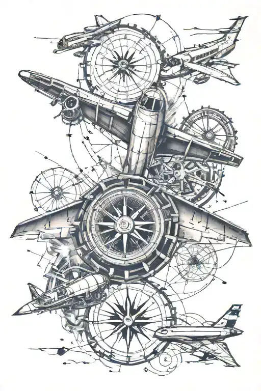 aviation themed tattoo featuring turbine engine, compass and sectional map as filler tattoo design idea