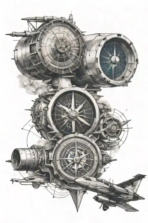 realism aviation themed tattoo featuring turbine engine, compass and sectional map as filler tattoo design idea