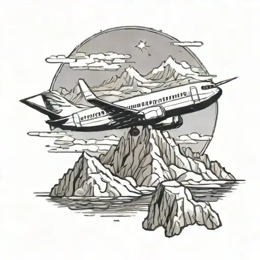 An airplane flying over a mountain range, with Jesus walking on water below tattoo design idea