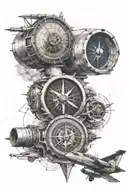 realism aviation themed tattoo featuring turbine engine, compass and sectional map as filler tattoo design idea