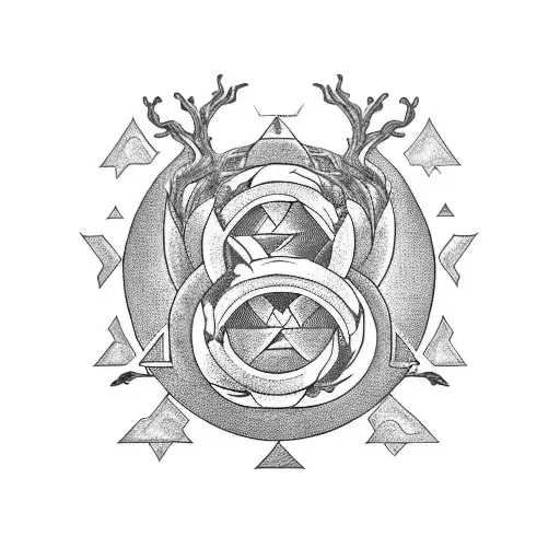 A unique tattoo design combining elements of Yggdrasil and the ouroboros surrounded by a beautiful Portuguese forest tattoo design idea