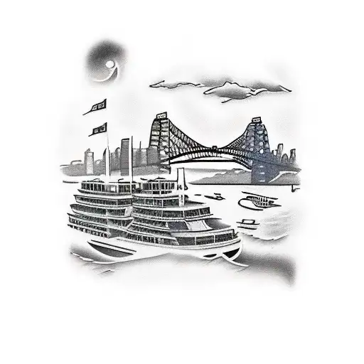 Imagine a tattoo with the Sydney Harbour Bridge dominating the scene, its arch rendered in a single tone, echoing streng tattoo design idea