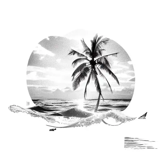 A tropical beach sunset with palm trees and waves crashing on the shore tattoo design idea