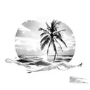 A tropical beach sunset with palm trees and waves crashing on the shore tattoo design idea