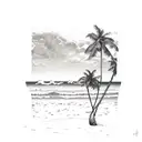 A tropical beach sunset with palm trees and waves crashing on the shore tattoo design idea