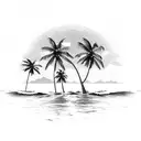 A tropical beach sunset with palm trees and waves crashing on the shore tattoo design idea