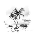 A tropical beach sunset with palm trees and waves crashing on the shore tattoo design idea