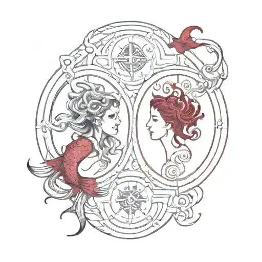 zodiac signs gemini and pisces black and burgundy tattoo design idea