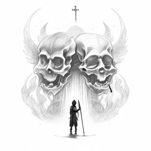 A hauntingly beautiful sketch of Itchi and the grim reaper standing side by side, with a backdrop of a church tattoo design idea