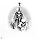 A hauntingly beautiful sketch of Itchi and the grim reaper standing side by side, with a backdrop of a church tattoo design idea